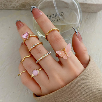 Boho Pink Butterfly Heart Wave Ring Set for Women Vintage Metal Gold Color Rhinestone Finger Prstens 8 бр./компл. Парти Бижута Подаръци