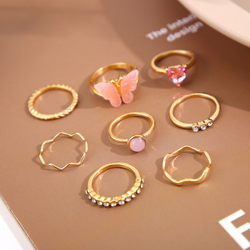 Boho Pink Butterfly Heart Wave Ring Set for Women Vintage Metal Gold Color Rhinestone Finger Prstens 8 бр./компл. Парти Бижута Подаръци