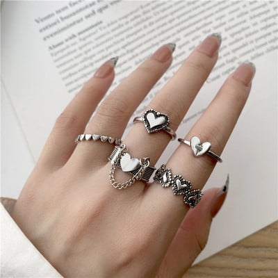 Set de inele cu val de inimă cu fluture roz Boho pentru femei Inele de degete cu strasuri din metal de epocă de culoare aurie 8 buc/set Bijuterii de petrecere Cadouri