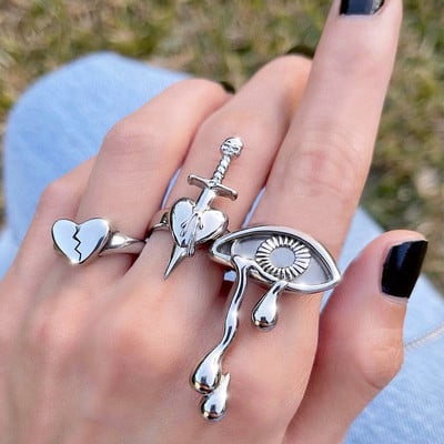 Set de inele cu val de inimă cu fluture roz Boho pentru femei Inele de degete cu strasuri din metal de epocă de culoare aurie 8 buc/set Bijuterii de petrecere Cadouri