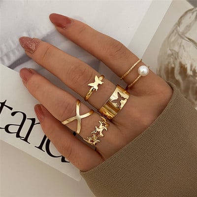 Set de inele cu val de inimă cu fluture roz Boho pentru femei Inele de degete cu strasuri din metal de epocă de culoare aurie 8 buc/set Bijuterii de petrecere Cadouri