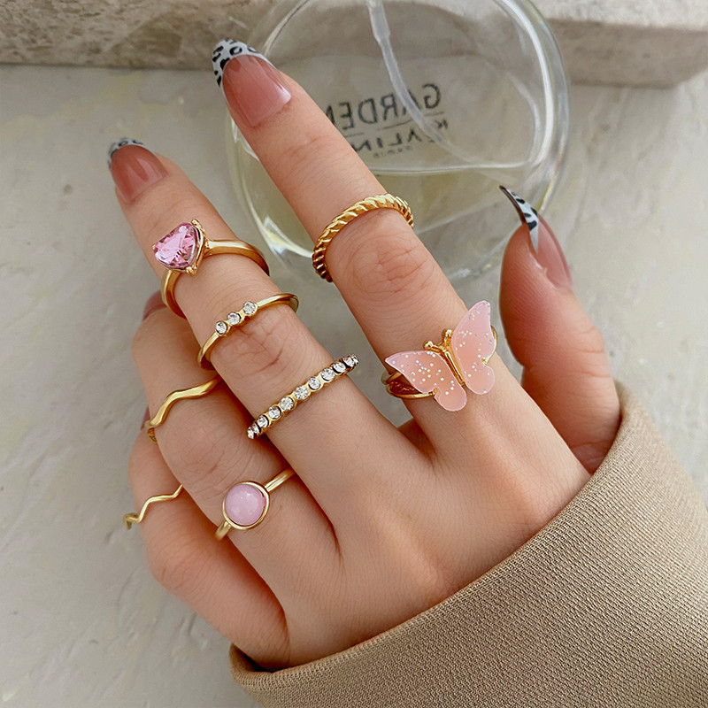 Set de inele cu val de inimă cu fluture roz Boho pentru femei Inele de degete cu strasuri din metal de epocă de culoare aurie 8 buc/set Bijuterii de petrecere Cadouri