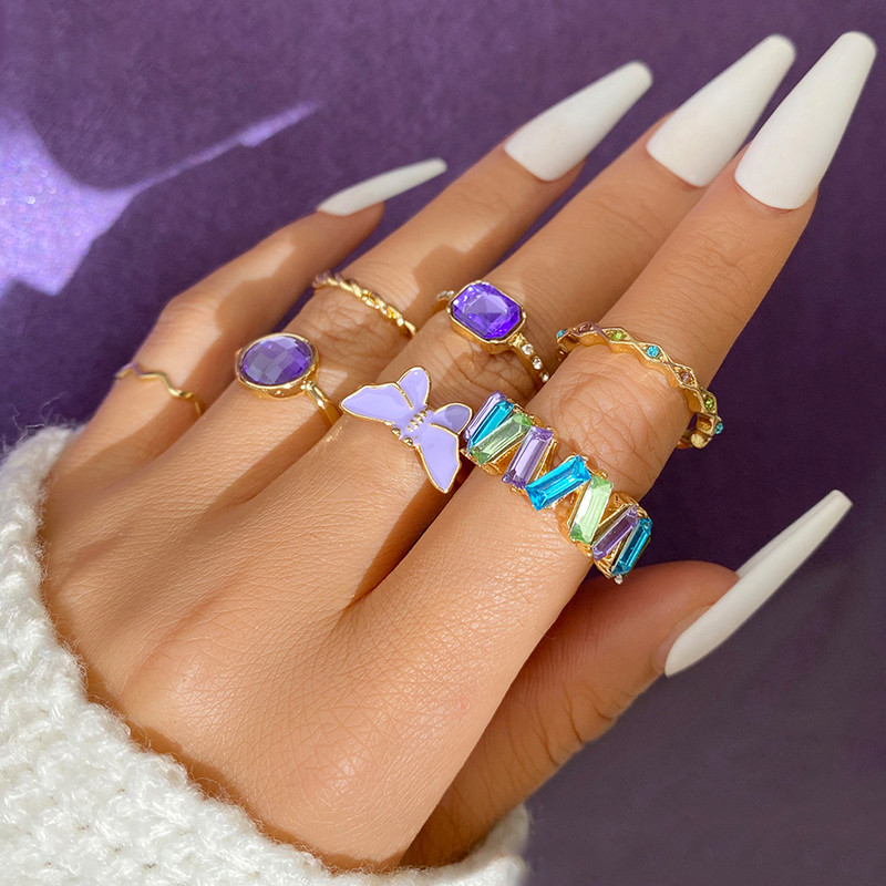Set de inele cu val de inimă cu fluture roz Boho pentru femei Inele de degete cu strasuri din metal de epocă de culoare aurie 8 buc/set Bijuterii de petrecere Cadouri