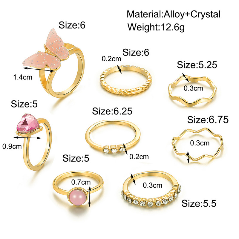 Set de inele cu val de inimă cu fluture roz Boho pentru femei Inele de degete cu strasuri din metal de epocă de culoare aurie 8 buc/set Bijuterii de petrecere Cadouri