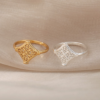 Винтидж пръстени с кухи цветя за жени, мъже, пръстен със златен цвят от неръждаема стомана Естетични сватбени пръстени за двойка Бохо бижута Подарък