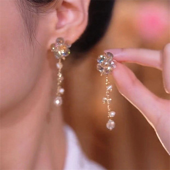 New Trend Sparkling Long Tassels Dangle Earrings for Women Κομψό κρεμαστό λουλούδι σκουλαρίκι από κρύσταλλο Δώρα γάμου με κοσμήματα