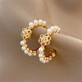 Koreai virágutánzat gyöngy utánzat karika fülbevaló nőknek világos luxus arany színű Statement fülbevaló parti ékszer Ajándékok