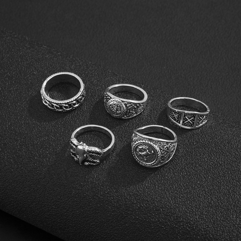 KunJoe Punk faragott gyűrűs szett férfiaknak antik ezüst színű vintage bohém gyűrűs szett Hip Hop ékszer kiegészítők csülök Anillos