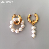 XIALUOKE Cercei rotund pentru urechi, metal, inoxidabil, auriu, punk, pentru femei, perle de apă dulce de modă, cercei cu picătură, bijuterii A8