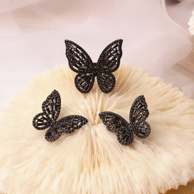 2020 m. karštai parduodami Korėjos madingi papuošalai Išskirtinio vario inkrustuota cirkonio juoda išmanusis drugelis moteriškas auskarų komplektas atviras žiedas