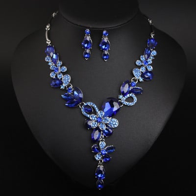 Seturi de bijuterii de mireasă de lux, mari, albastre, picături de apă, cu flori de cristal, set de cercei colier de culoare aurie pentru femeie pentru nuntă