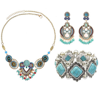 Čigonų karolių apyrankių auskarų rinkiniai moterims Boho hipių monetų kutai Raudonas mėlynas akmuo Turkijos genties papuošalų rinkinys vakarėlio dovana