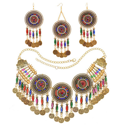 Čigonų karolių apyrankių auskarų rinkiniai moterims Boho hipių monetų kutai Raudonas mėlynas akmuo Turkijos genties papuošalų rinkinys vakarėlio dovana