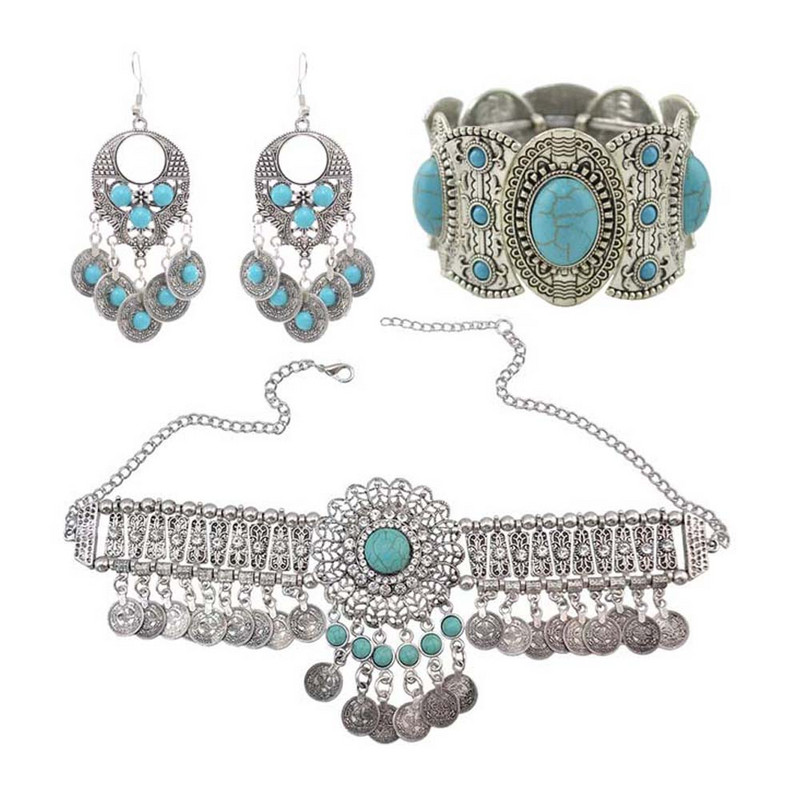 Čigonų karolių apyrankių auskarų rinkiniai moterims Boho hipių monetų kutai Raudonas mėlynas akmuo Turkijos genties papuošalų rinkinys vakarėlio dovana
