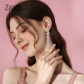 ZAKOL Fashion Leaf Ζιργκόν Σκουλαρίκια σταγόνα για Γυναικεία Λευκό Χρώμα Κρυστάλλινο Νυφικό Σκουλαρίκι Νυφικό Δώρο Κοσμήματα Γάμου