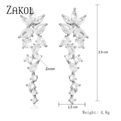 ZAKOL Cercei cu picătură de zircon, frunze de modă, pentru femei, de culoare aur alb, cercei de mireasă, cristal, bijuterii pentru nuntă, cadou