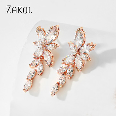 ZAKOL Cercei cu picătură de zircon, frunze de modă, pentru femei, de culoare aur alb, cercei de mireasă, cristal, bijuterii pentru nuntă, cadou