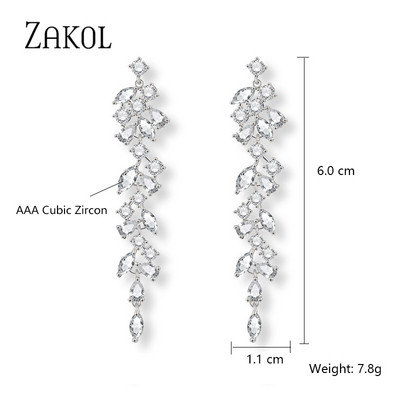 ZAKOL Cercei cu picătură de zircon, frunze de modă, pentru femei, de culoare aur alb, cercei de mireasă, cristal, bijuterii pentru nuntă, cadou