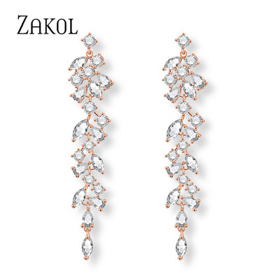 ZAKOL Cercei cu picătură de zircon, frunze de modă, pentru femei, de culoare aur alb, cercei de mireasă, cristal, bijuterii pentru nuntă, cadou