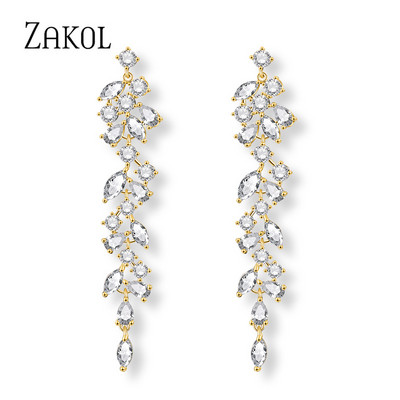 ZAKOL Cercei cu picătură de zircon, frunze de modă, pentru femei, de culoare aur alb, cercei de mireasă, cristal, bijuterii pentru nuntă, cadou