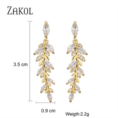 ZAKOL Cercei cu picătură de zircon, frunze de modă, pentru femei, de culoare aur alb, cercei de mireasă, cristal, bijuterii pentru nuntă, cadou