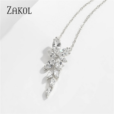 ZAKOL Cercei cu picătură de zircon, frunze de modă, pentru femei, de culoare aur alb, cercei de mireasă, cristal, bijuterii pentru nuntă, cadou