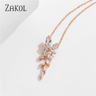 ZAKOL Cercei cu picătură de zircon, frunze de modă, pentru femei, de culoare aur alb, cercei de mireasă, cristal, bijuterii pentru nuntă, cadou