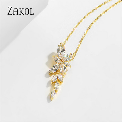 ZAKOL Cercei cu picătură de zircon, frunze de modă, pentru femei, de culoare aur alb, cercei de mireasă, cristal, bijuterii pentru nuntă, cadou