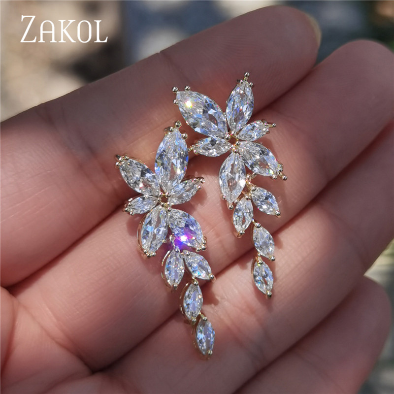 ZAKOL Cercei cu picătură de zircon, frunze de modă, pentru femei, de culoare aur alb, cercei de mireasă, cristal, bijuterii pentru nuntă, cadou