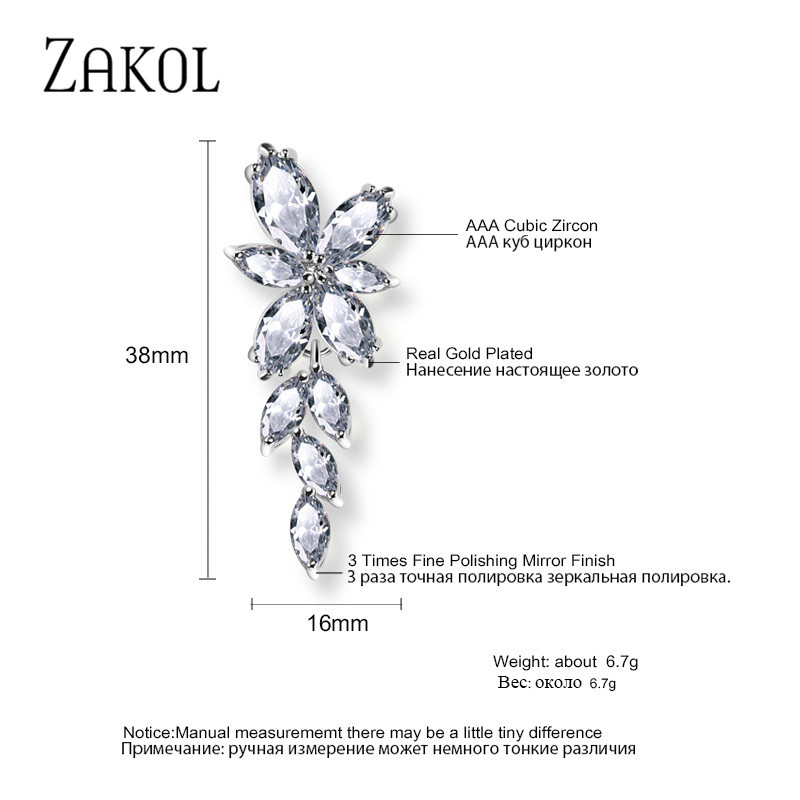 ZAKOL Cercei cu picătură de zircon, frunze de modă, pentru femei, de culoare aur alb, cercei de mireasă, cristal, bijuterii pentru nuntă, cadou