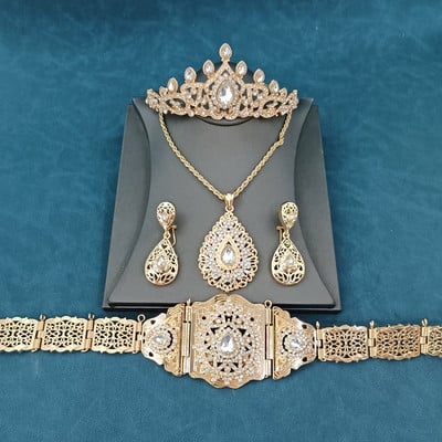Arab esküvői ékszer szett köntös ruha öv fülbevaló nyaklánc marokkói fém deréklánc Esküvői menyasszonyi korona fejlánc