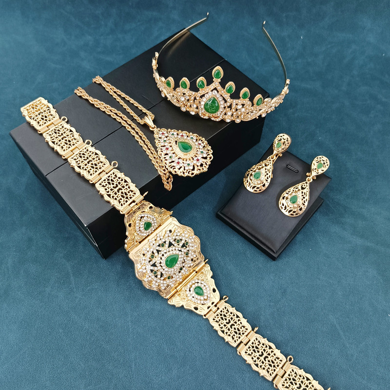 Arab esküvői ékszer szett köntös ruha öv fülbevaló nyaklánc marokkói fém deréklánc Esküvői menyasszonyi korona fejlánc