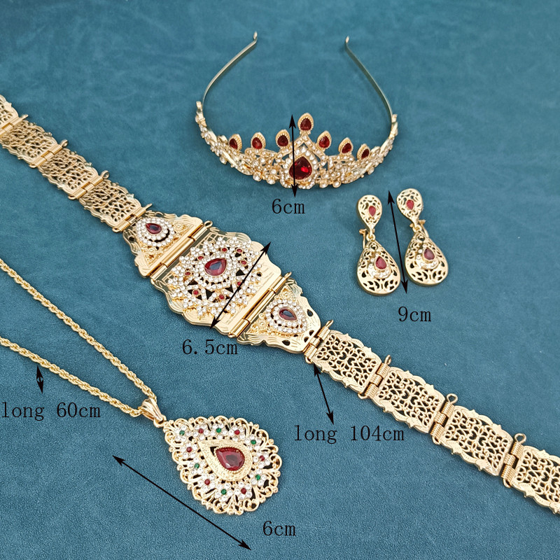 Arab esküvői ékszer szett köntös ruha öv fülbevaló nyaklánc marokkói fém deréklánc Esküvői menyasszonyi korona fejlánc