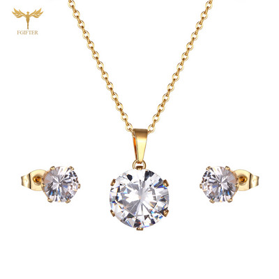 Colier cu pandantiv cu inimă de cristal, cercei, set de bijuterii geometrice elegant, din oțel inoxidabil, pentru femei