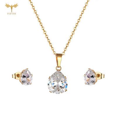 Colier cu pandantiv cu inimă de cristal, cercei, set de bijuterii geometrice elegant, din oțel inoxidabil, pentru femei