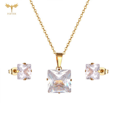 Colier cu pandantiv cu inimă de cristal, cercei, set de bijuterii geometrice elegant, din oțel inoxidabil, pentru femei