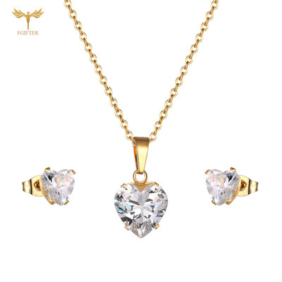 Colier cu pandantiv cu inimă de cristal, cercei, set de bijuterii geometrice elegant, din oțel inoxidabil, pentru femei