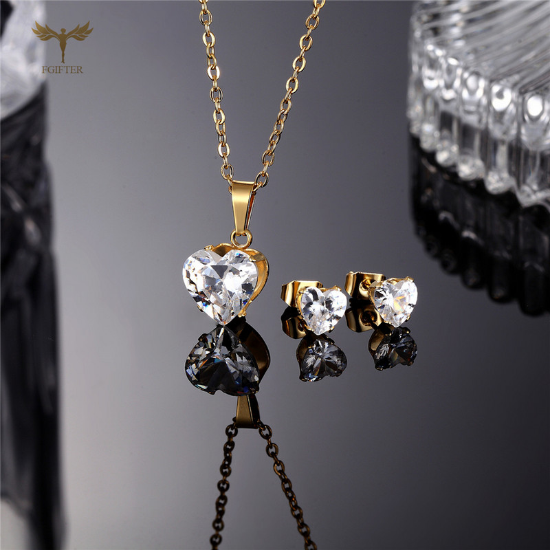 Colier cu pandantiv cu inimă de cristal, cercei, set de bijuterii geometrice elegant, din oțel inoxidabil, pentru femei