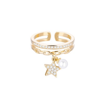 Inel de culoare auriu argintiu pentru femei Dimensiune reglabilă clasică Plus Imitație de perle CZ Pandantiv stea Bijuterii elegante Accesorii 2021