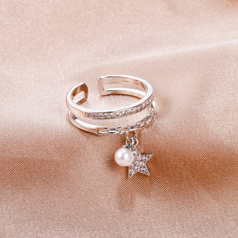Inel de culoare auriu argintiu pentru femei Dimensiune reglabilă clasică Plus Imitație de perle CZ Pandantiv stea Bijuterii elegante Accesorii 2021