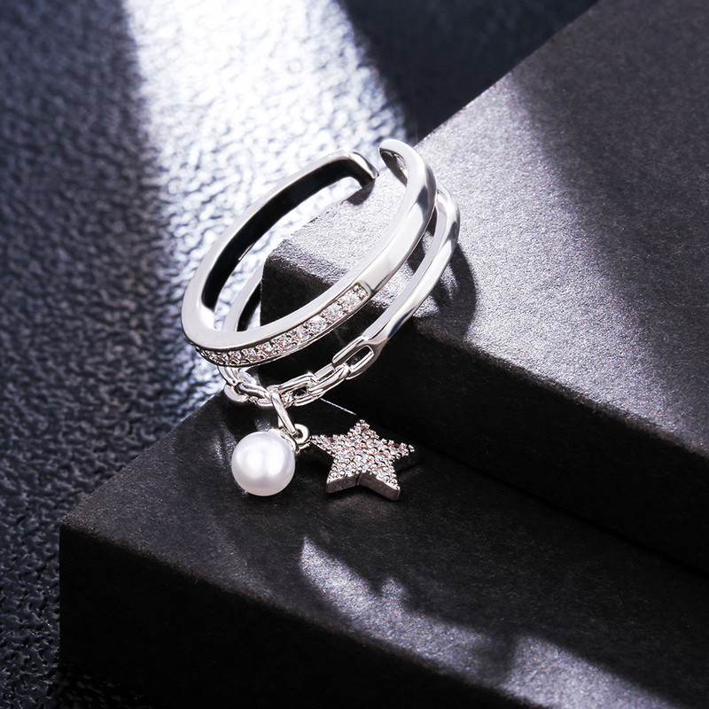 Inel de culoare auriu argintiu pentru femei Dimensiune reglabilă clasică Plus Imitație de perle CZ Pandantiv stea Bijuterii elegante Accesorii 2021