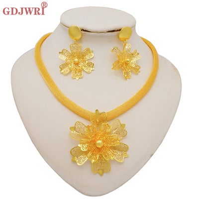 Moda Dubai Set de bijuterii de culoare aurie pentru femei Colier și cercei cu pandantiv cu flori mari de lux Cadouri pentru nunți Accesorii pentru mireasă