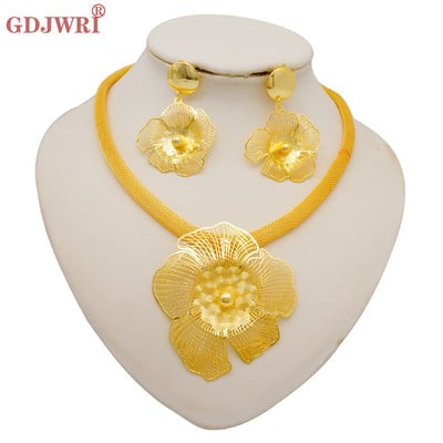 Moda Dubai Set de bijuterii de culoare aurie pentru femei Colier și cercei cu pandantiv cu flori mari de lux Cadouri pentru nunți Accesorii pentru mireasă