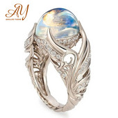Anillos Yuzuk Sidabrinis Karštas Juvelyrinis Žiedas Senovinis Spalvingas Didelis Apvalus Iškirpti Žiedas Moteriškas Žiedas su Angelo Sparnais Moonstone Moonstone Jewelry