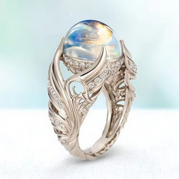 Anillos Yuzuk Ασημένιο καυτό δαχτυλίδι κοσμήματος Vintage πολύχρωμο μεγάλο κυκλικό κομμένο γυναικείο δαχτυλίδι με φτερά αγγέλου Moonstone Femme κοσμήματα