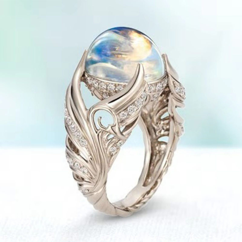 Anillos Yuzuk Sidabrinis Karštas Juvelyrinis Žiedas Senovinis Spalvingas Didelis Apvalus Iškirpti Žiedas Moteriškas Žiedas su Angelo Sparnais Moonstone Moonstone Jewelry