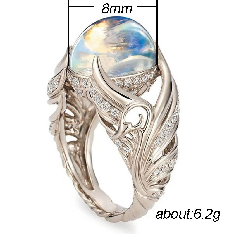 Anillos Yuzuk Sidabrinis Karštas Juvelyrinis Žiedas Senovinis Spalvingas Didelis Apvalus Iškirpti Žiedas Moteriškas Žiedas su Angelo Sparnais Moonstone Moonstone Jewelry