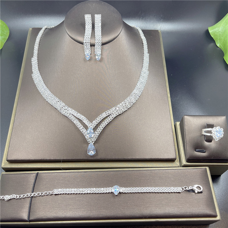 Set de bijuterii de mireasa cu stras de culoare argintie, cercei, colier, nunta, geometrice, elegante, romantice, seturi de bijuterii pentru domnisoara de onoare, angro