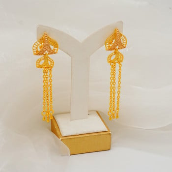 Моден нигерийски дубайски златен комплект бижута за жени Пискюл дълга верига булчинска дълга огърлица гривна обеца пръстен сватбени комплекти
