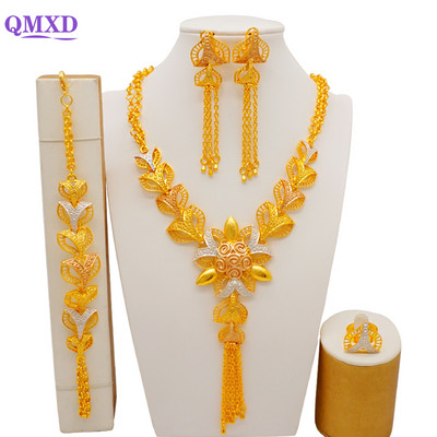 Madingas Nigerijos Dubajaus aukso spalvos papuošalų rinkinys moterims kutais ilgos grandinėlės nuotakos ilgi karoliai apyrankės auskarų žiedai vestuviniai rinkiniai